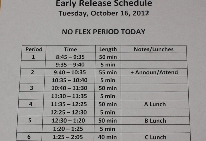 Early release schedule for Wednesday the 14th.