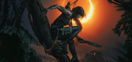 Character Laura croft is pictured crouching on a branch, seemingly ready to strike.