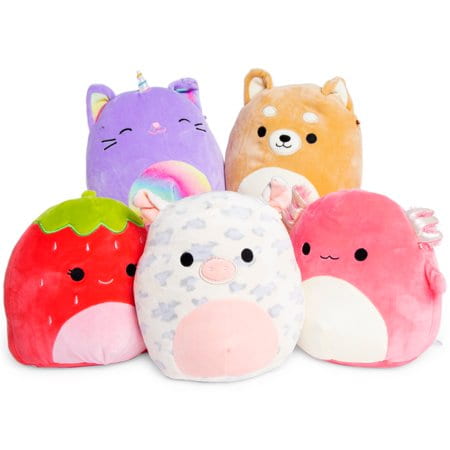 Collection of Squishmallows, including the strawberry, pig, axolotl, caticorn, and dog.