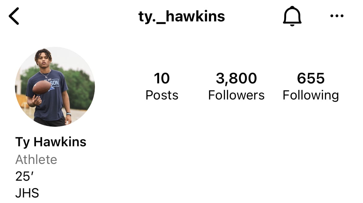 Ty Hawkins Instagram account, displaying 3,800 followers, class of 25 and JHS. It also shows a profile picture of him holding a football and 10 posts in the left hand corner.