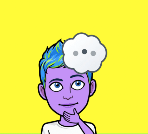 A Snapchat AI with blue hair, purple skin, and a white shirt typing out a response with a thought bubble