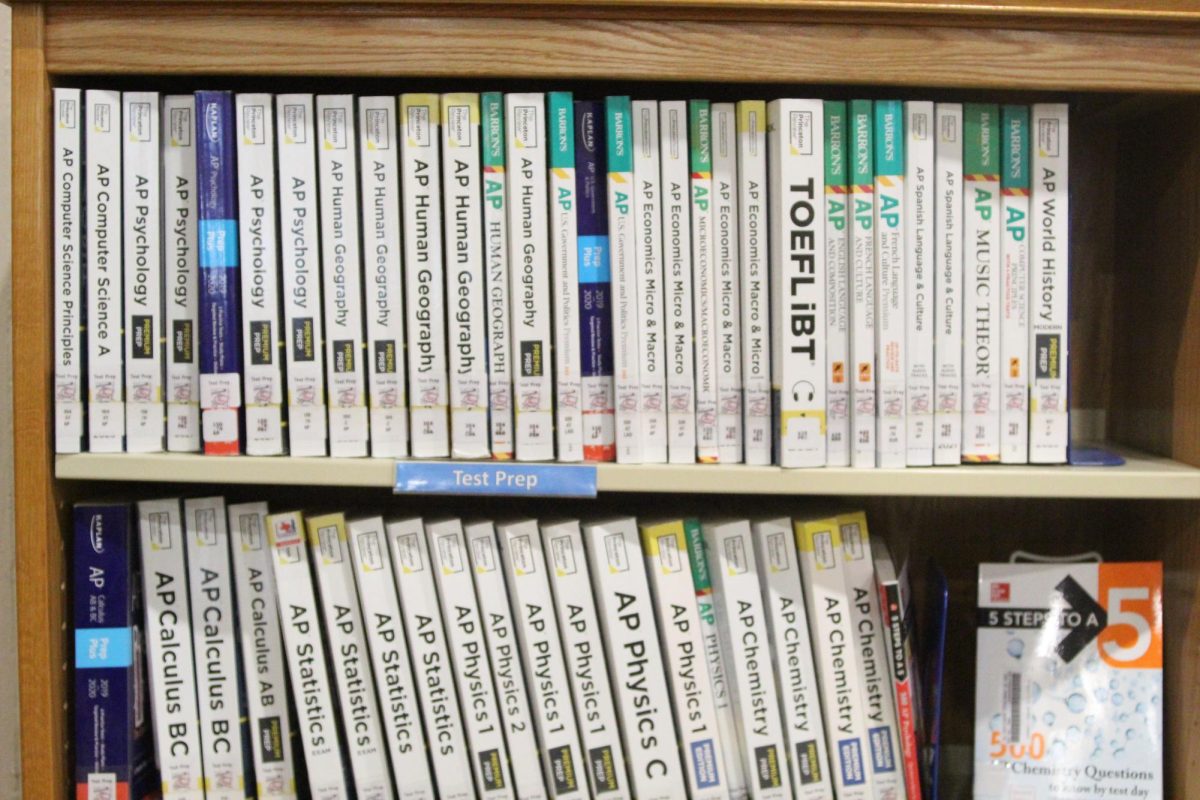 AP exam books are located in the library on the shelf to the left, closest to where you take ID photos. 