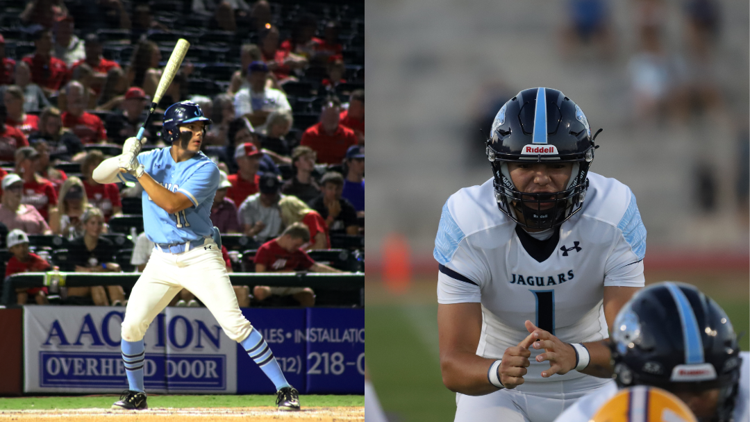 Left: Sophomore centerfielder Elvis Estrada is in the batter's box at the UIL State Tournament in June. At the third O'Conner playoff game, Estrada made the winning catch that helped them advance to the tournament.
Right: Sophomore quarterback Elvis Estrada calls for the snap at the Pieper game in September. This is his first year on the varsity football starting lineup.